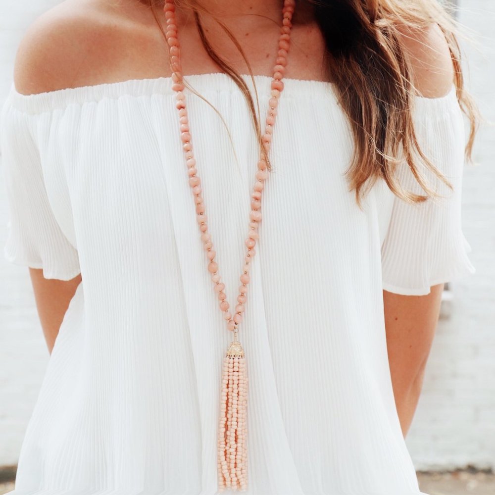 Shell Pink Beaded Tassel Necklace